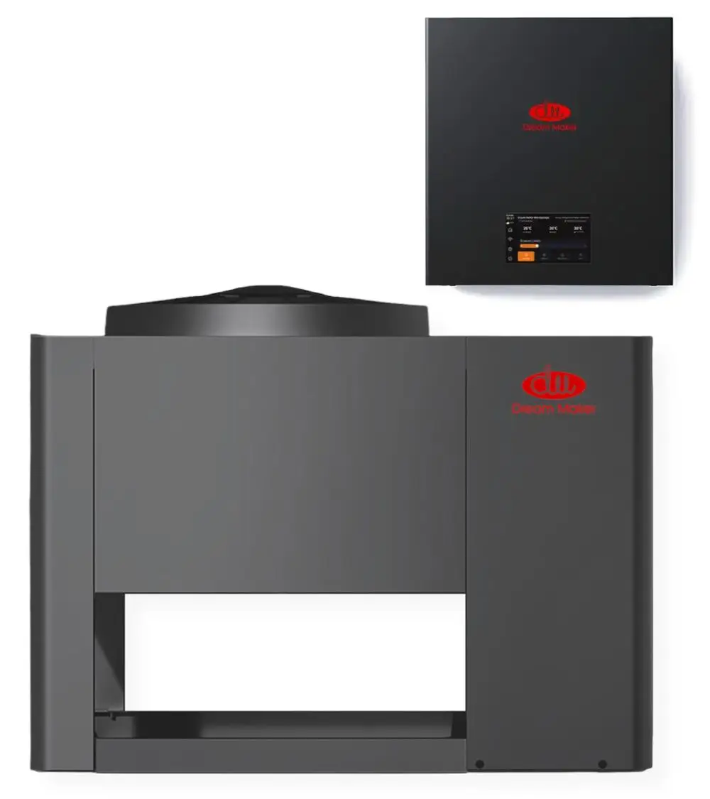 Dream Maker Heizgerät in Graufinish mit abgerundeten Kanten. Oben montiertes Steuergerät, das verschiedene Temperatureinstellungen anzeigt, darunter eine digitale Anzeige.